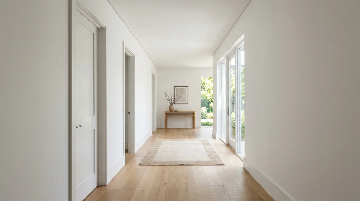A finished hallway inside a house with a smooth, closed ceiling and neutral interior design, lit by daylight.