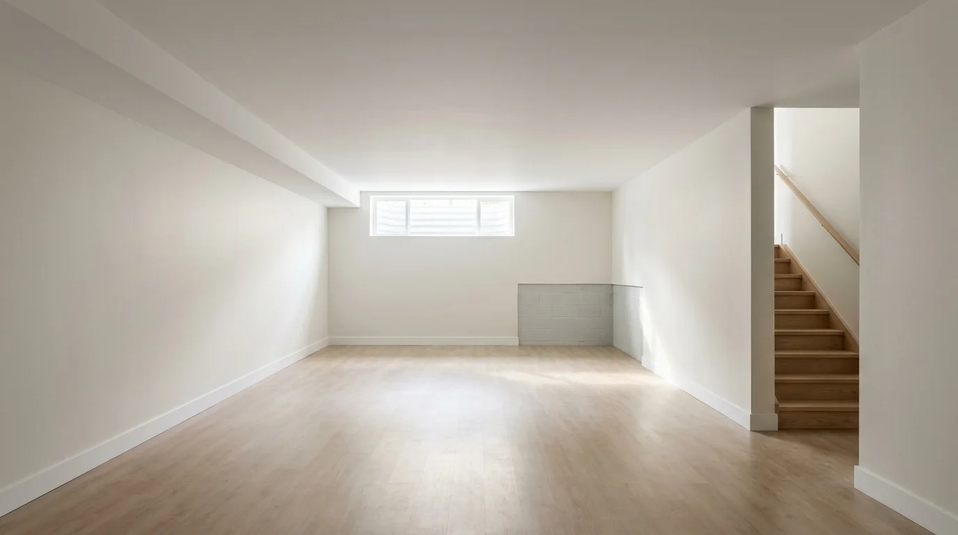 An empty, finished basement room with light-colored walls, a smooth closed ceiling, and a clean floor, illuminated by natural daylight.