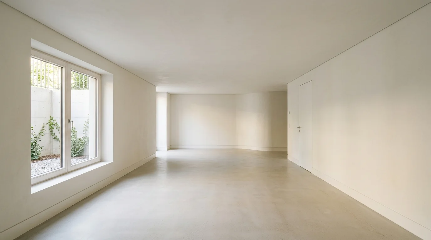 An empty, well-lit finished basement room with a smooth, closed ceiling, illustrating a generic home interior.