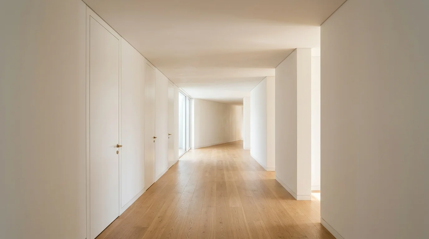 A clean, empty residential hallway with smooth walls, a smooth closed ceiling, and a clean floor, illuminated by natural daylight.