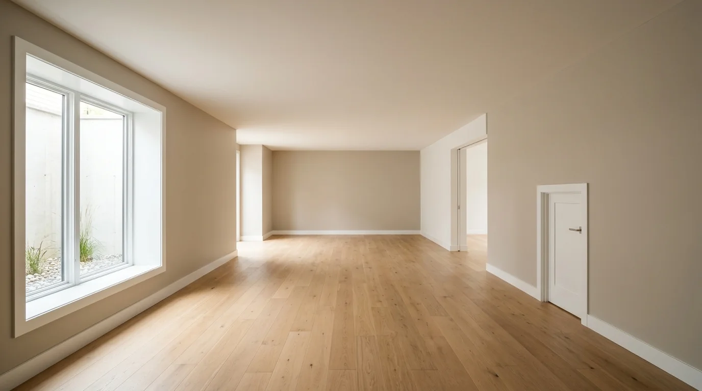 An empty, finished basement with light-colored walls and a smooth, closed ceiling, illuminated by natural daylight. The space is clean and free of any visible pipes or fixtures, representing a generic home interior.