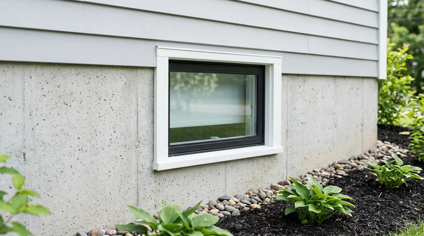 A tightly cropped exterior view of a closed window meeting a house foundation, showing clean siding, window frame, and textured foundation material in daylight.