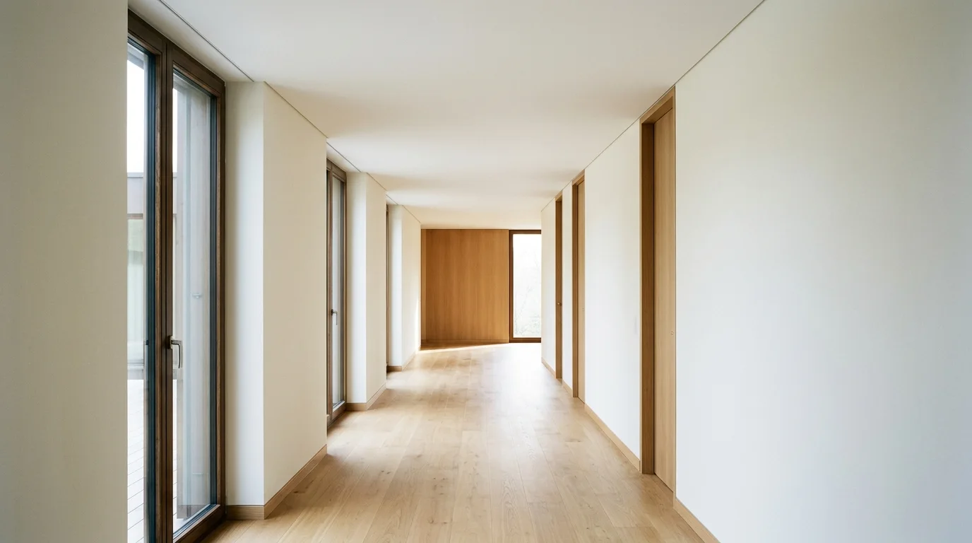 A finished hallway with smooth walls and a perfectly closed ceiling, bathed in natural daylight. The space is clear of any visible pipes, ducts, or fixtures, portraying a typical, clean residential interior.