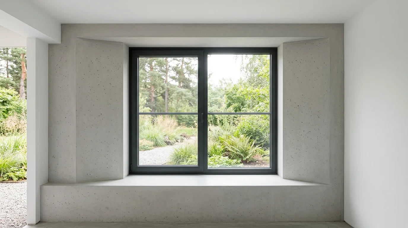 A tightly cropped view of a closed window in a clean house foundation, showing architectural detail.