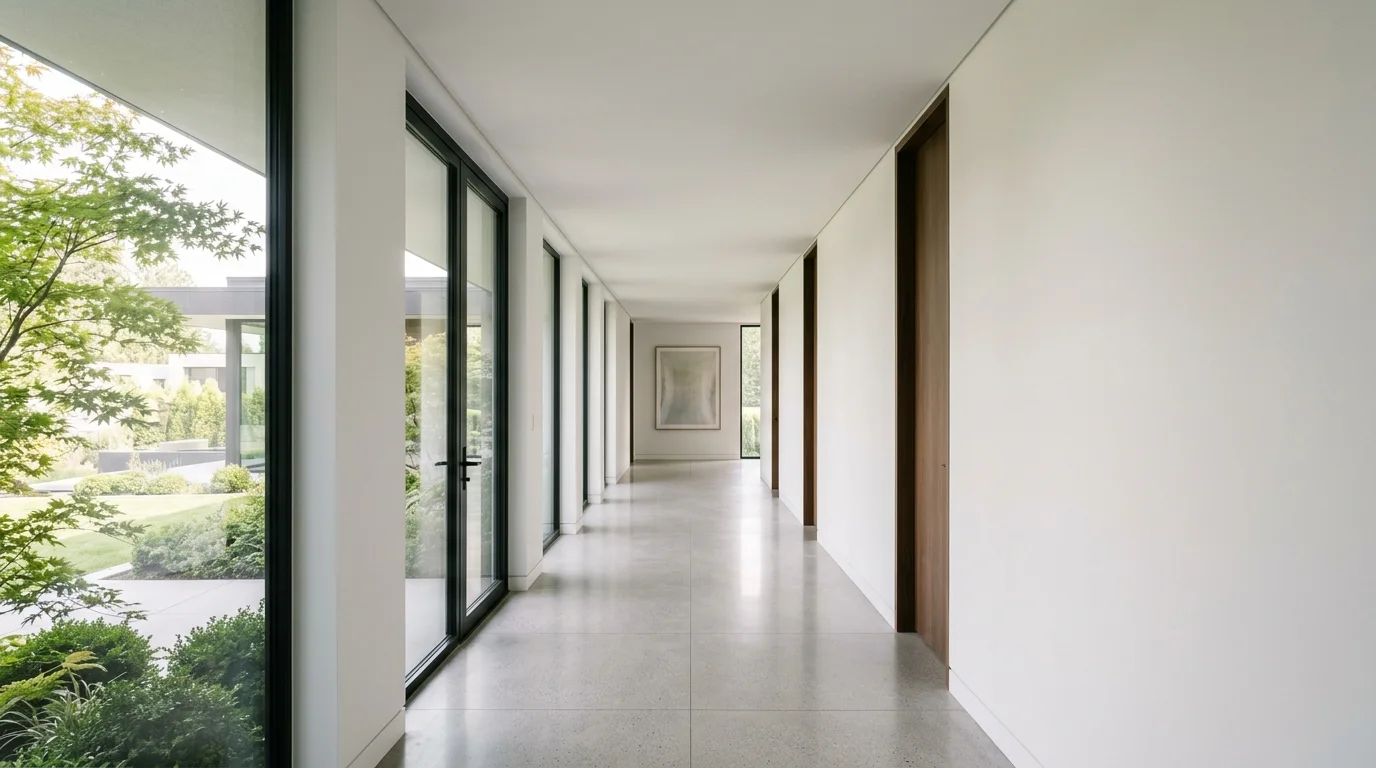 A bright, finished residential hallway with a smooth, closed ceiling, representing a typical home interior.