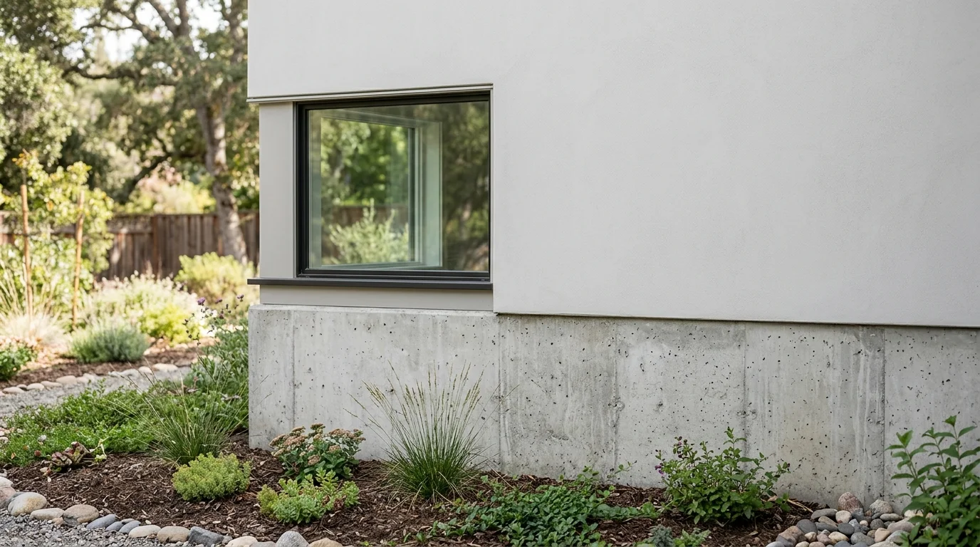 A tightly cropped detail of a closed window set into a house foundation, showing neutral residential architecture.