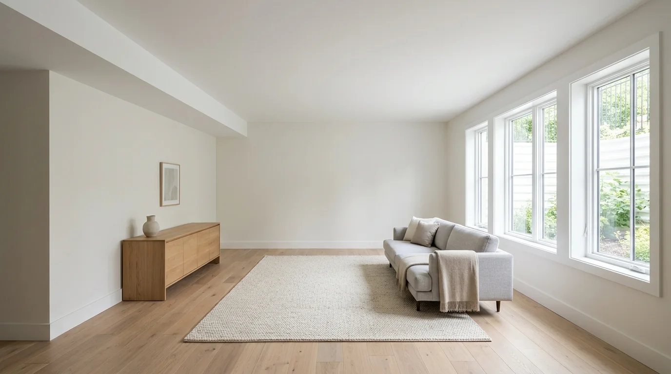 An empty, finished basement with a smooth, closed ceiling and neutral decor, illuminated by daylight.