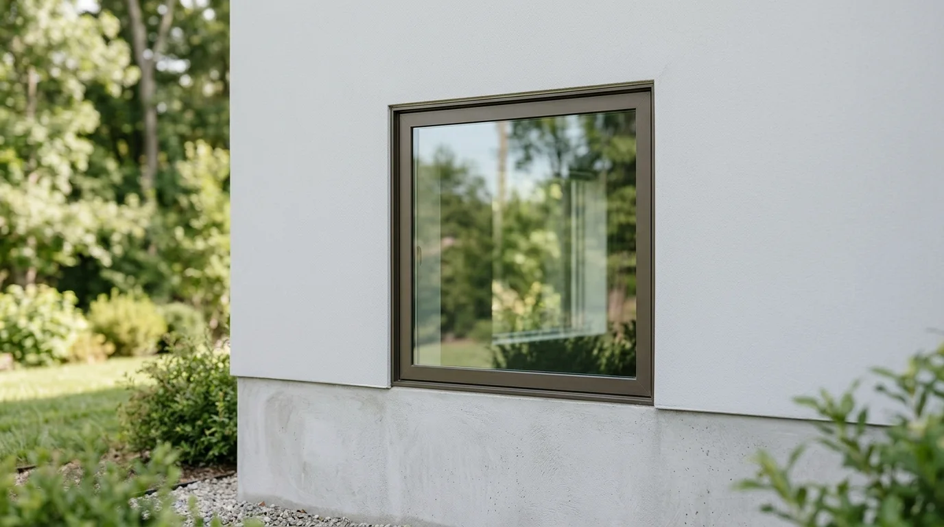 A tightly cropped exterior view showing a closed window integrated into a clean, light-colored foundation wall. The sunlight highlights the architectural detail, with no visible pipes or mechanical systems.